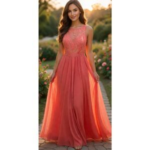 Custom Made Coral Evening Gown Illusion Lace Beaded Dress Sleeveless ChiffonSz S
